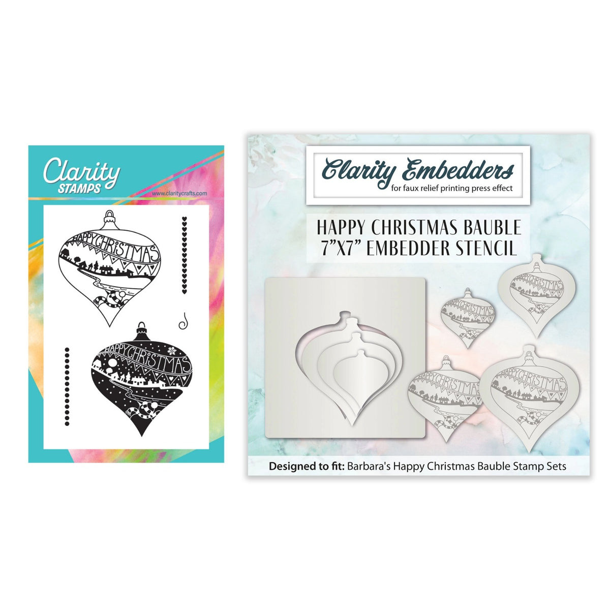 Clarity Crafts Barbara's Bijou Happy Christmas Baubles A6 Two Way Overlay stamp and mask set with Nested Happy Christmas Bauble 7 x 7 inch Embedder Stencil.