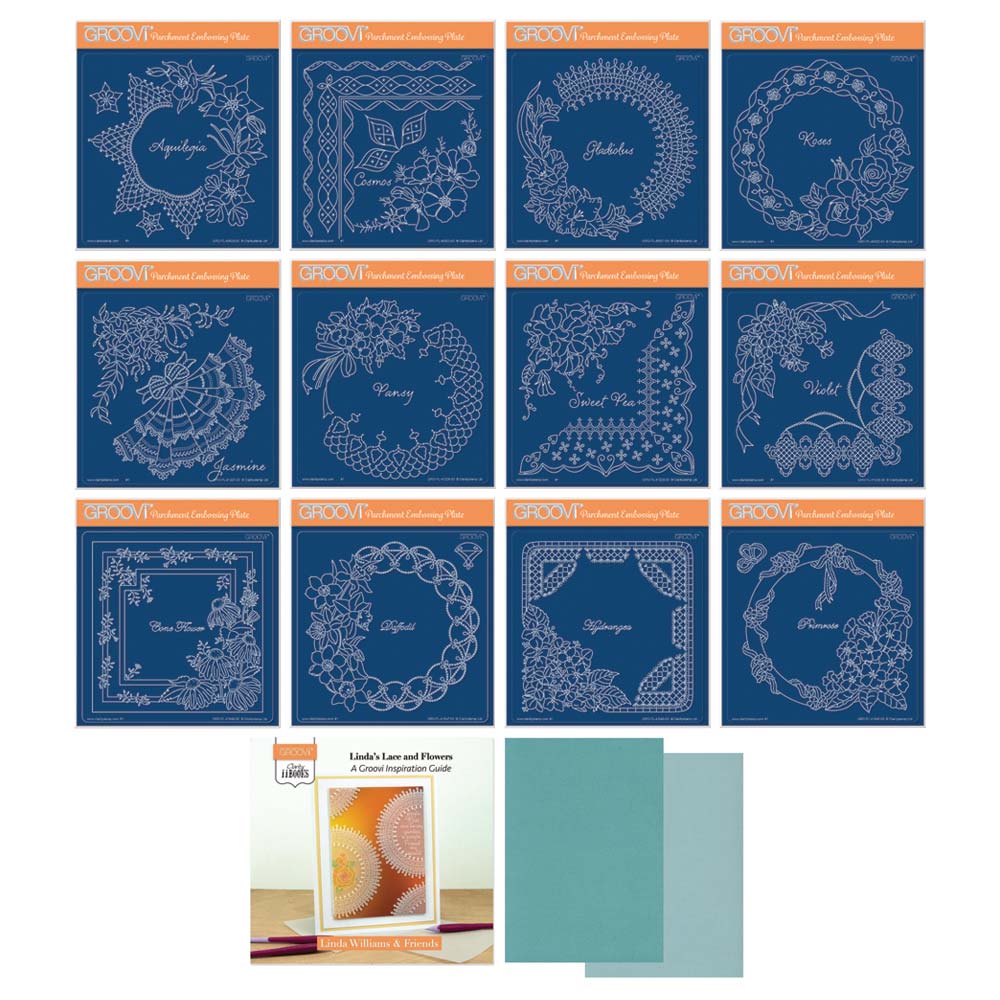 Linda's Flower & Lace Complete Groovi Plate & ii Book Collection With FREE A5 Two Tone Teal Parchment Worth £8.87
