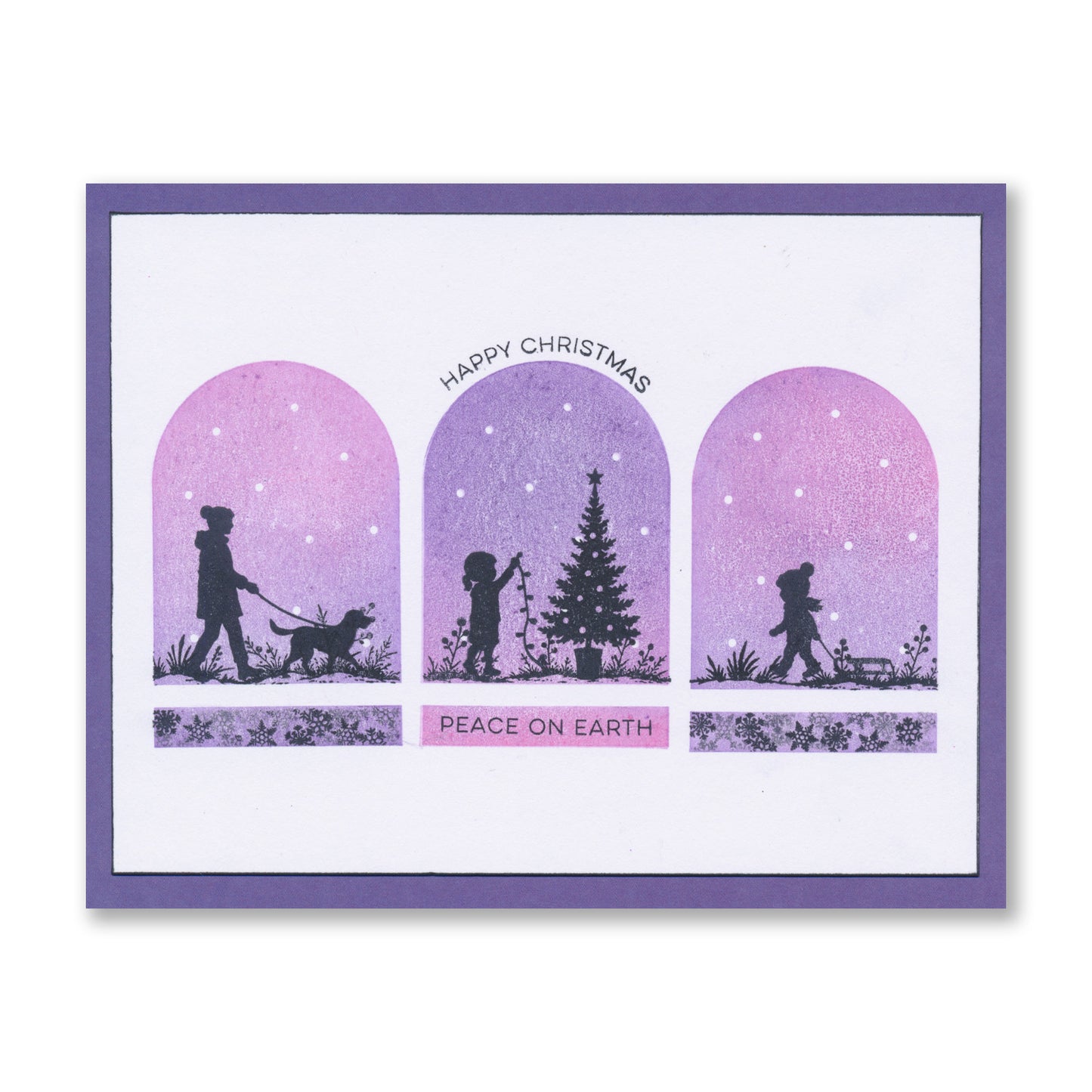 Handmade Christmas card featuring three bell jar scenes with festive silhouettes and the "Happy Christmas" and "Peace on Earth" sentiments created with the Wee Christmas Friends & Family Silhouettes A5 & A7 Stamp Collection