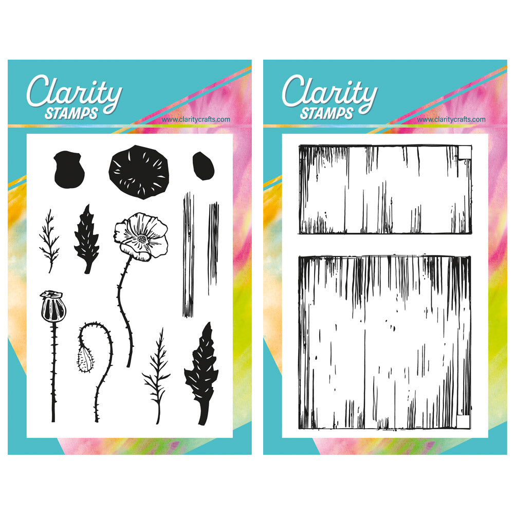 Linocut - Poppies & Distressed Backdrop A6 Stamp Duo