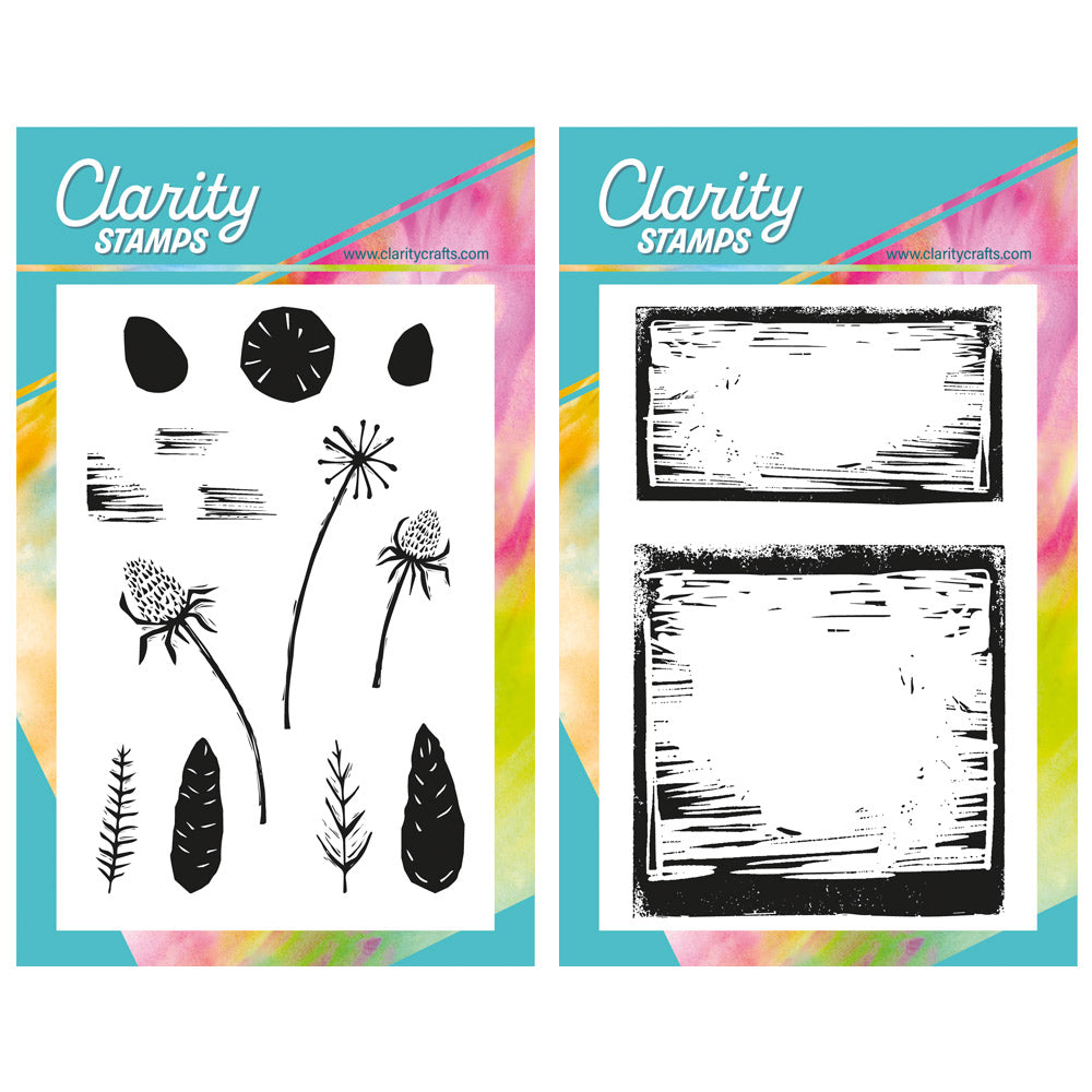 Linocut - Teasels & Grunge Backdrop A6 Stamp Duo