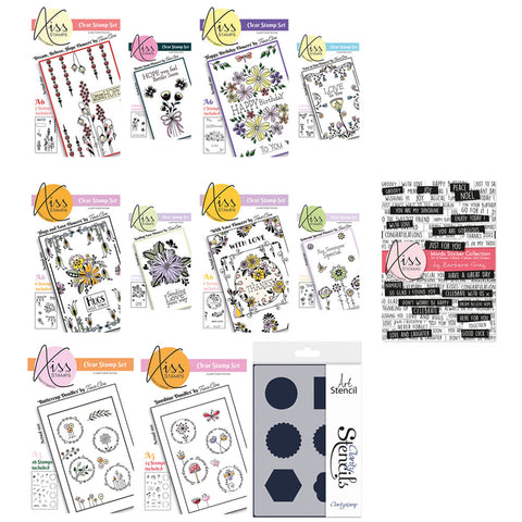 KISS by Clarity - Tina's Flowers Set 1 & Doodles Stamp, Stencil & Sticker Words Collection