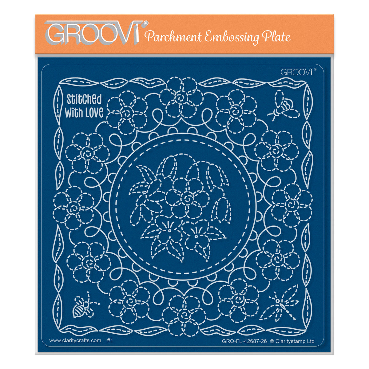 Create floral parchment projects with Linda's Floral Circle Applique Midi Groovi Plate, featuring appliqué-style flowers and stitched detailing.