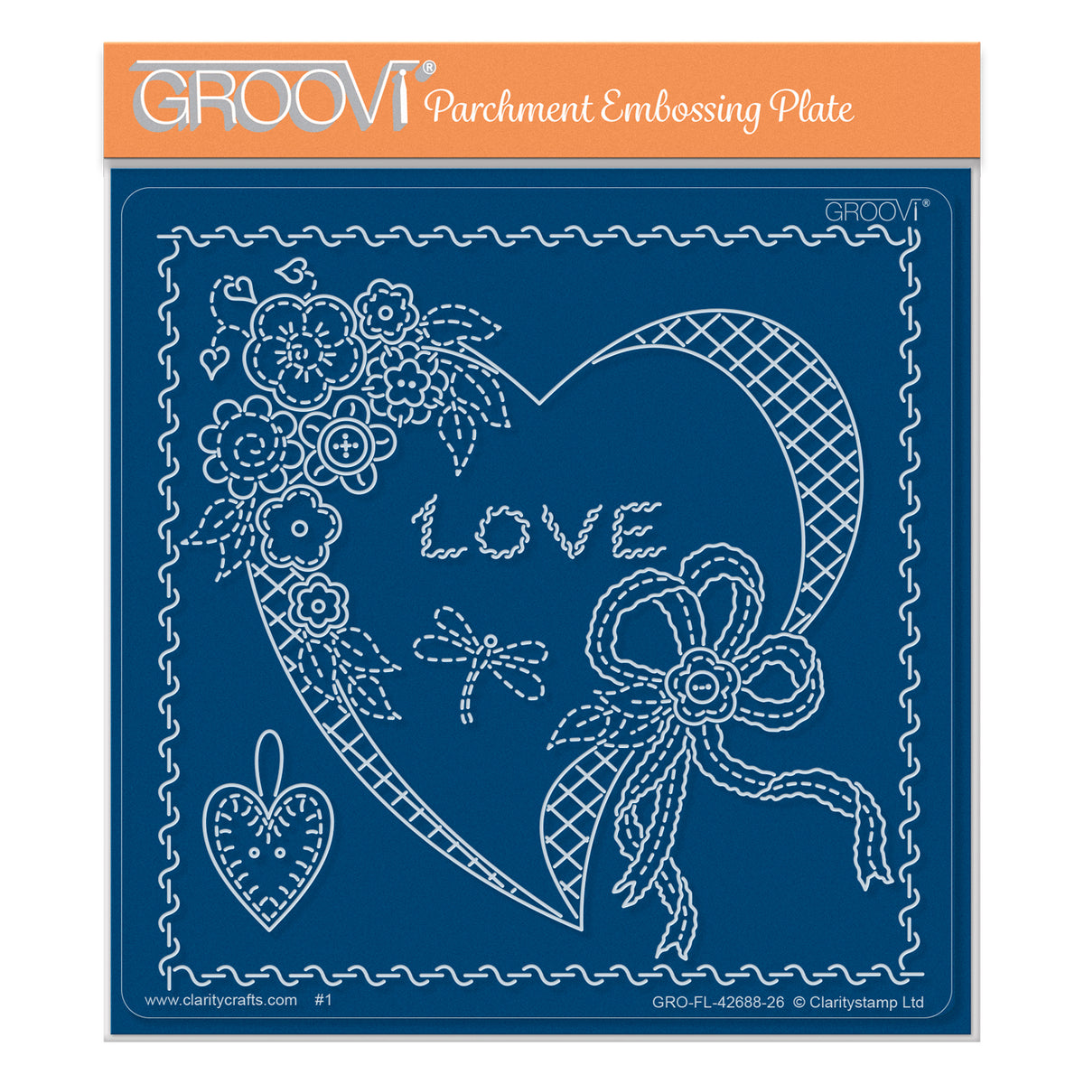 Linda's Floral Heart Applique Midi Groovi Plate featuring floral heart, stitched details, decorative bow, border and LOVE sentiment