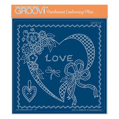 Linda's Floral Heart Applique Midi Groovi Plate featuring floral heart, stitched details, decorative bow, border and LOVE sentiment