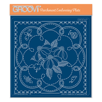 Linda's Floral Scallop Octagon Applique Midi Groovi Plate featuring floral centrepiece, stitched scallop design, border and insect details