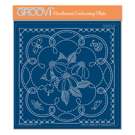 Linda's Floral Scallop Octagon Applique Midi Groovi Plate featuring floral centrepiece, stitched scallop design, border and insect details