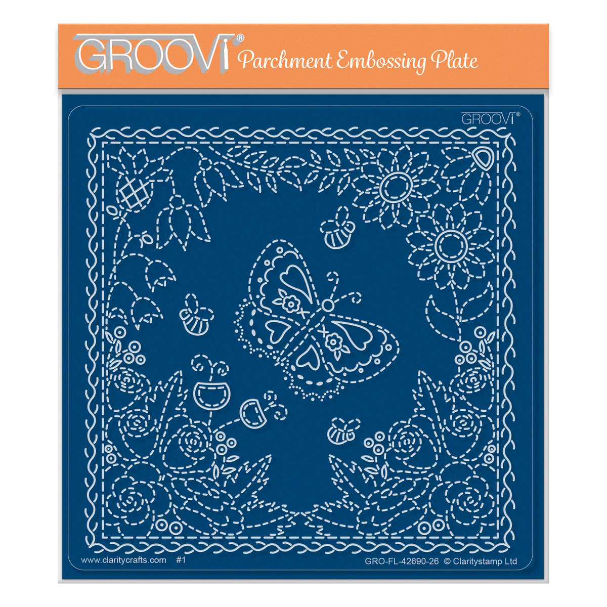 Linda's Floral Square Applique Midi Groovi Plate featuring butterfly centrepiece, floral designs, stitched details, bees and square border