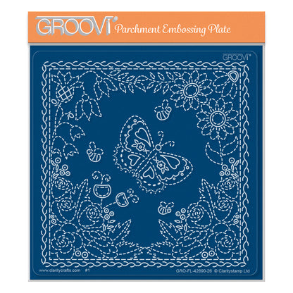 Linda's Floral Square Applique Midi Groovi Plate featuring butterfly centrepiece, floral designs, stitched details, bees and square border