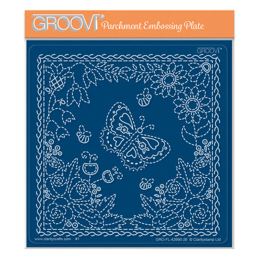 Linda's Floral Square Applique Midi Groovi Plate featuring butterfly centrepiece, floral designs, stitched details, bees and square border