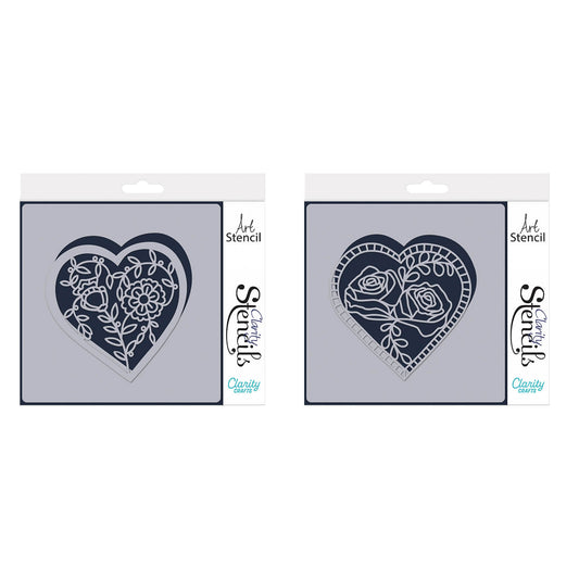 Barbara's Rose & Petunia Floral Hearts 7" x 7" Stencil Duo