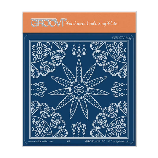 Embroidery Star Flower & Hearts Parchlet A6 Square Groovi Plate