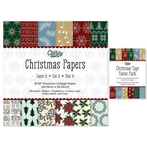 Clarity Christmas Papers - Collage Paper 8" x 8" & FREE Christmas Tags Taster Pack worth £3.99