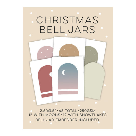 Christmas Bell Jar card topper pack containing 48 printed festive card toppers with moon and snowflake designs and a free Bell Jar Embedder by Clarity Crafts.