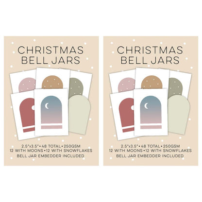 Christmas Bell Jar Mini Card Pack Duo containing 96 printed Christmas card toppers with moon and snowflake designs and two free Bell Jar Embedders by Clarity Crafts.