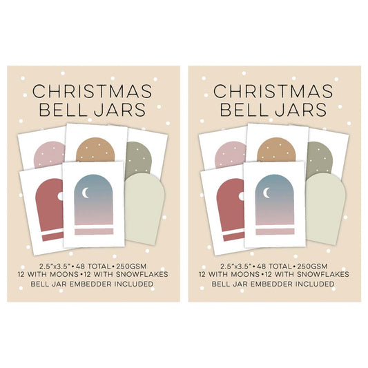 Christmas Bell Jar Mini Card Pack Duo containing 96 printed Christmas card toppers with moon and snowflake designs and two free Bell Jar Embedders by Clarity Crafts.