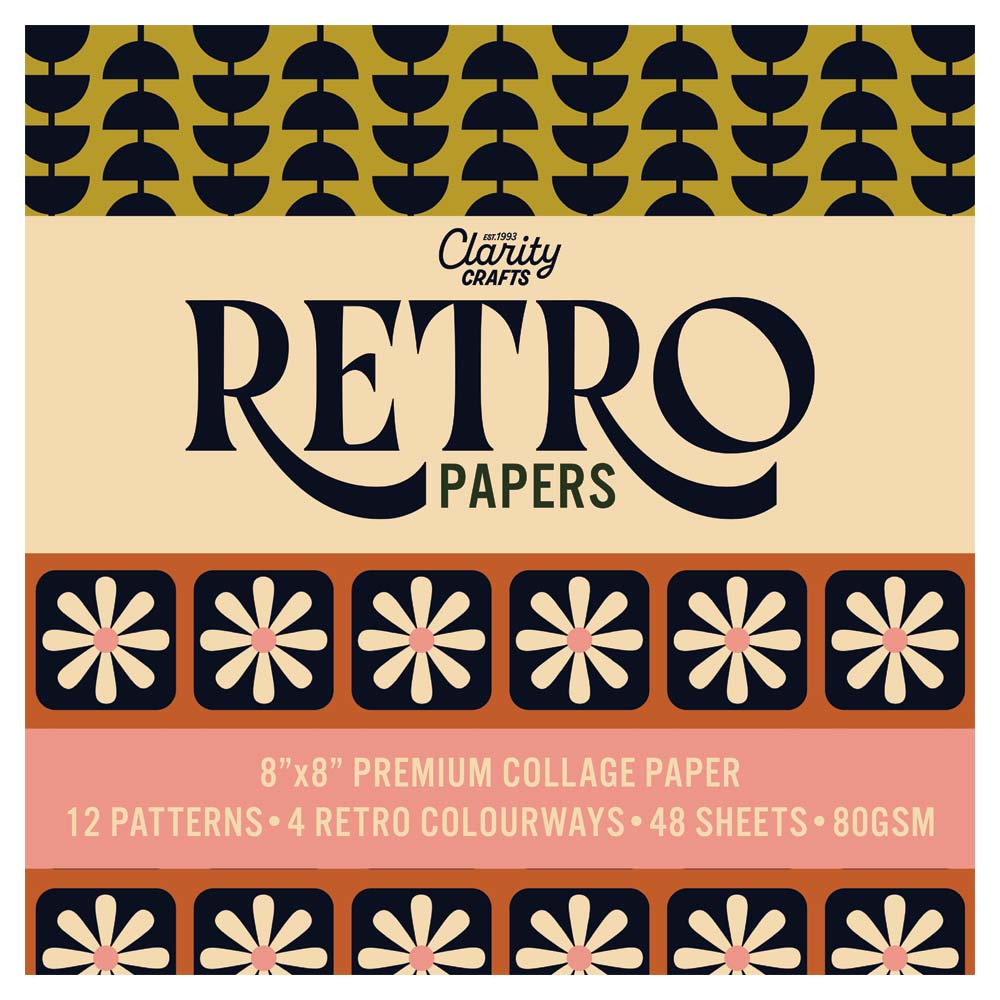 8 x 8 inch Retro Papers collection with 48 sheets, 12 patterns and four retro colourways