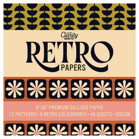 8 x 8 inch Retro Papers collection with 48 sheets, 12 patterns and four retro colourways