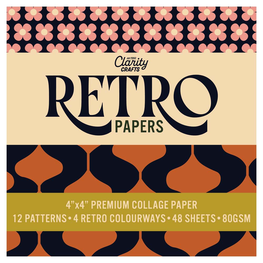 4 x 4 inch Retro Papers collection with 48 sheets, 12 patterns and four retro colourways