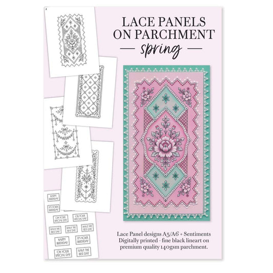 Lace Panels on Parchment Spring printed parchment collection with four Spanish Blackwork inspired floral designs
