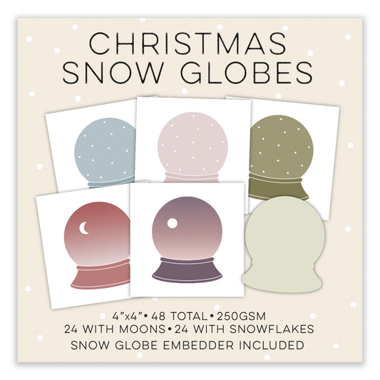 Clarity Crafts Christmas Snow Globe 4 x 4 inch printed card toppers featuring moon and snowflake backgrounds, with coordinating Snow Globe Embedder.
