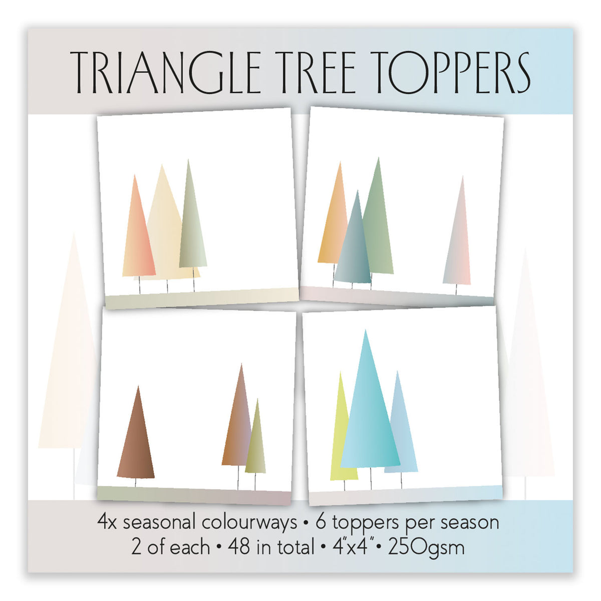 Clarity Crafts Triangle Trees 4 x 4 inch printed card toppers featuring seasonal colourways, designed to coordinate with the SHAC Christmas Trees Stamp & Mask Set.
