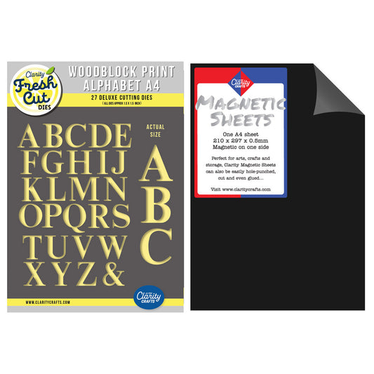 Woodblock Print Alphabet A4 Die Set & A4 Magnetic Sheet