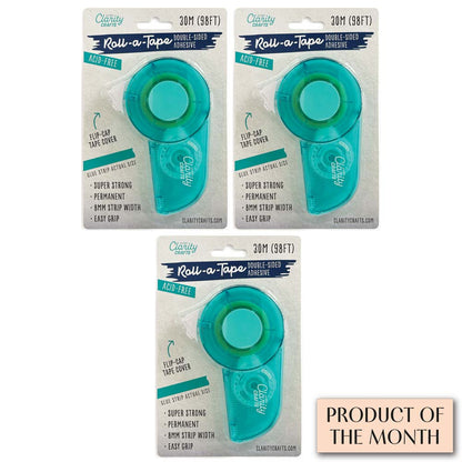 Clarity Crafts Roll-a-Tape Super Strong Permanent Glue Tape Runner Set of 3 with 90m of acid-free double-sided adhesive for card making and papercrafting.