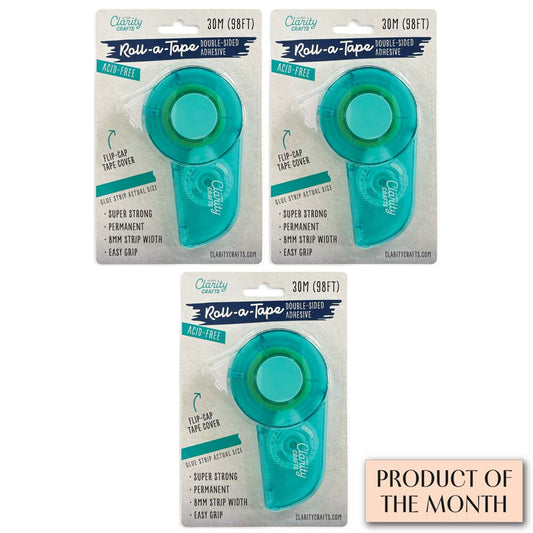 Clarity Crafts Roll-a-Tape Super Strong Permanent Glue Tape Runner Set of 3 with 90m of acid-free double-sided adhesive for card making and papercrafting.