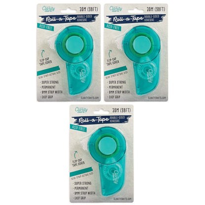 Clarity Crafts Roll-a-Tape Super Strong Permanent Glue Tape Runner Set of 3 with 90m of acid-free double-sided adhesive for card making and papercrafting.