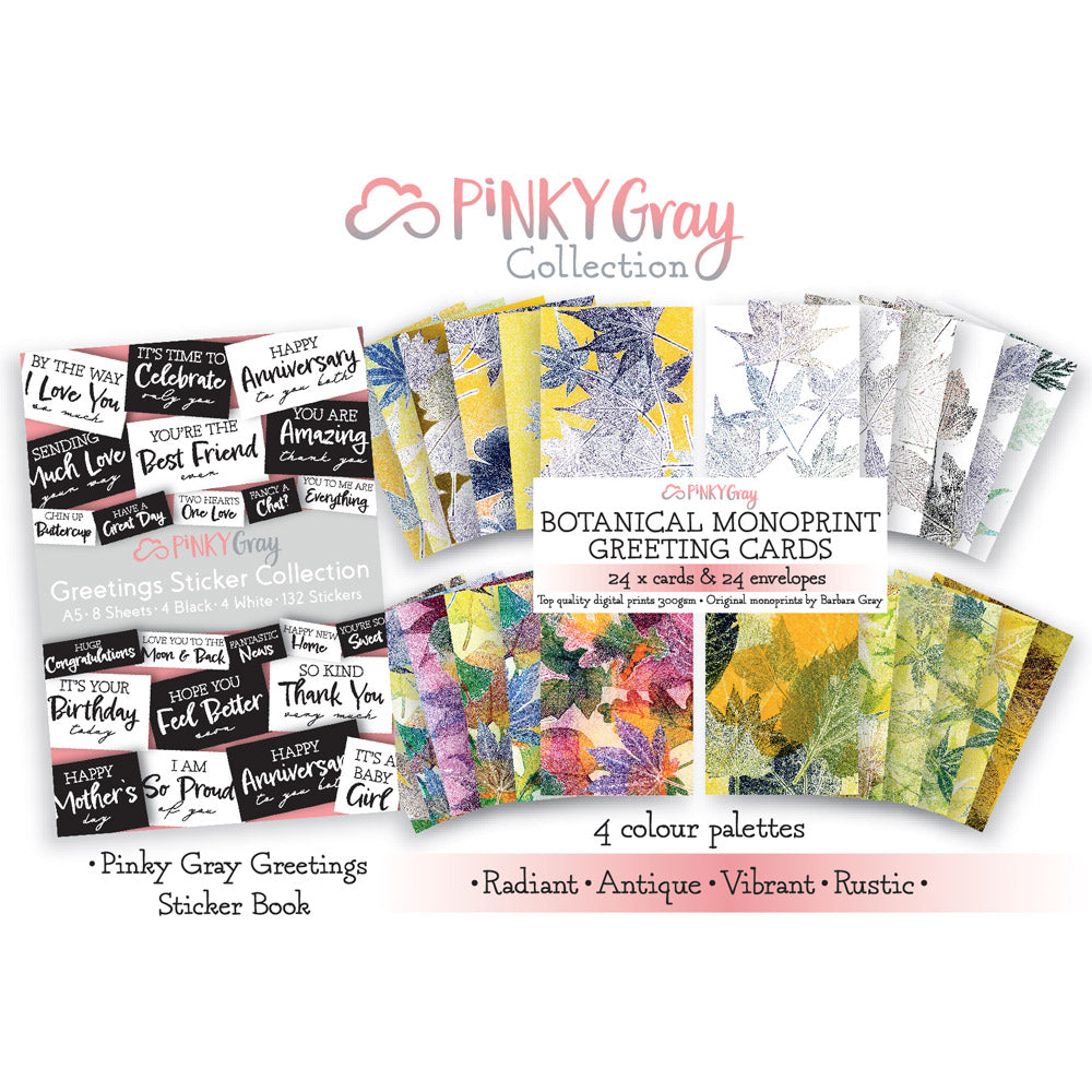 Pinky Gray - 24 Botanical Monoprint Greeting Cards + Envelopes + Sticker Collection