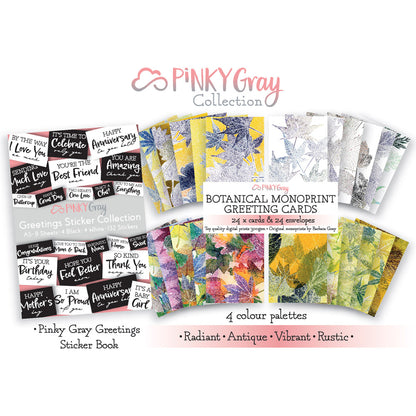 Pinky Gray - 24 Botanical Monoprint Greeting Cards + Envelopes + Sticker Collection