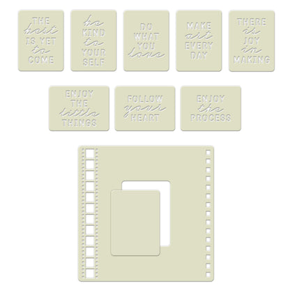 Wee Affirmation Stencils and Stencil Mate alignment frame set with eight motivational word stencils.
