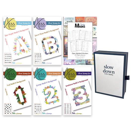 Build a Background A6 Stamps, Open Alphabet & Numbers Masks & Slow Down Box Collection