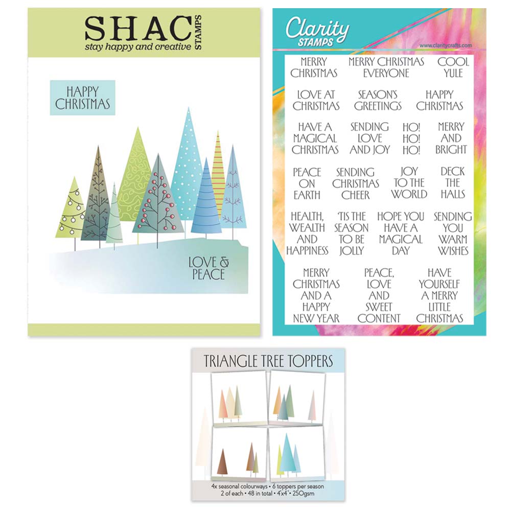 Clarity Crafts SHAC Christmas Trees and Art Deco Christmas Sentiments A5 stamp sets with Christmas tree mask and Triangle Tree Card Toppers.