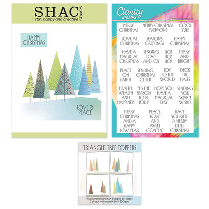 Clarity Crafts SHAC Christmas Trees and Art Deco Christmas Sentiments A5 stamp sets with Christmas tree mask and Triangle Tree Card Toppers.