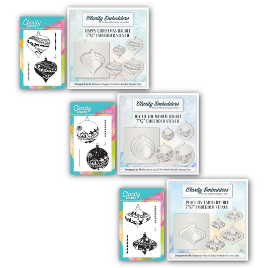 Barbara's Bijou Christmas Baubles A6 Two Way Overlay Collection from Clarity Crafts, featuring three festive stamp and mask sets with three coordinating Embedder Stencils.