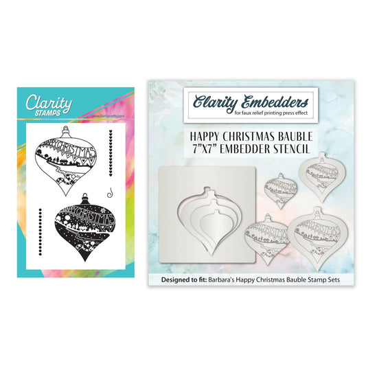 Clarity Crafts Barbara's Bijou Happy Christmas Baubles A6 Two Way Overlay stamp and mask set with Nested Happy Christmas Bauble 7 x 7 inch Embedder Stencil.