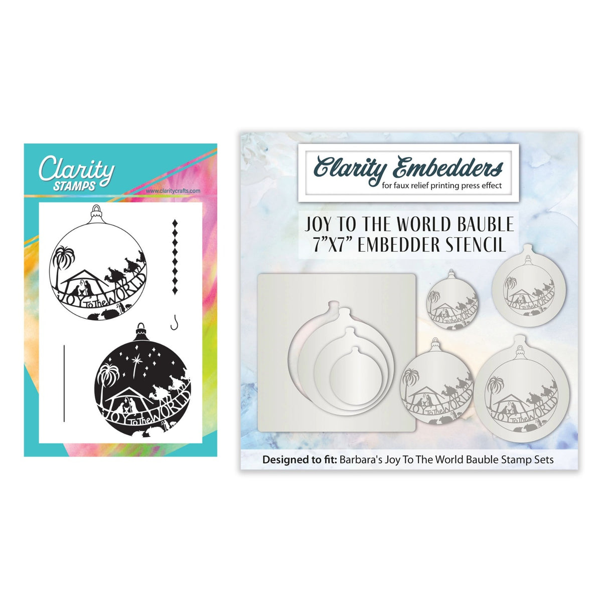 Barbara's Bijou Joy to the World Baubles A6 Two Way Overlay Stamp & Mask Set with coordinating Nested Joy to the World Bauble Embedder Stencil from Clarity Crafts.