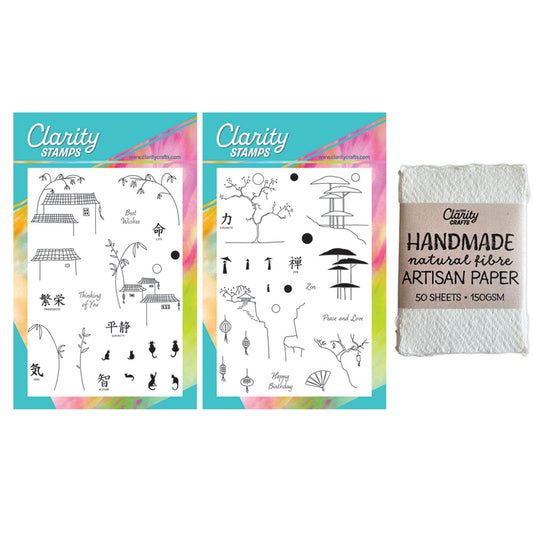 Mini Japanese Scene Builder A6 Stamp Sets & Handmade Natural Fibre Artisan Paper Collection