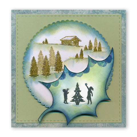 Holly Leaf Outline & Winter Cabin Miniatures A6 Stamp & Mask Duo