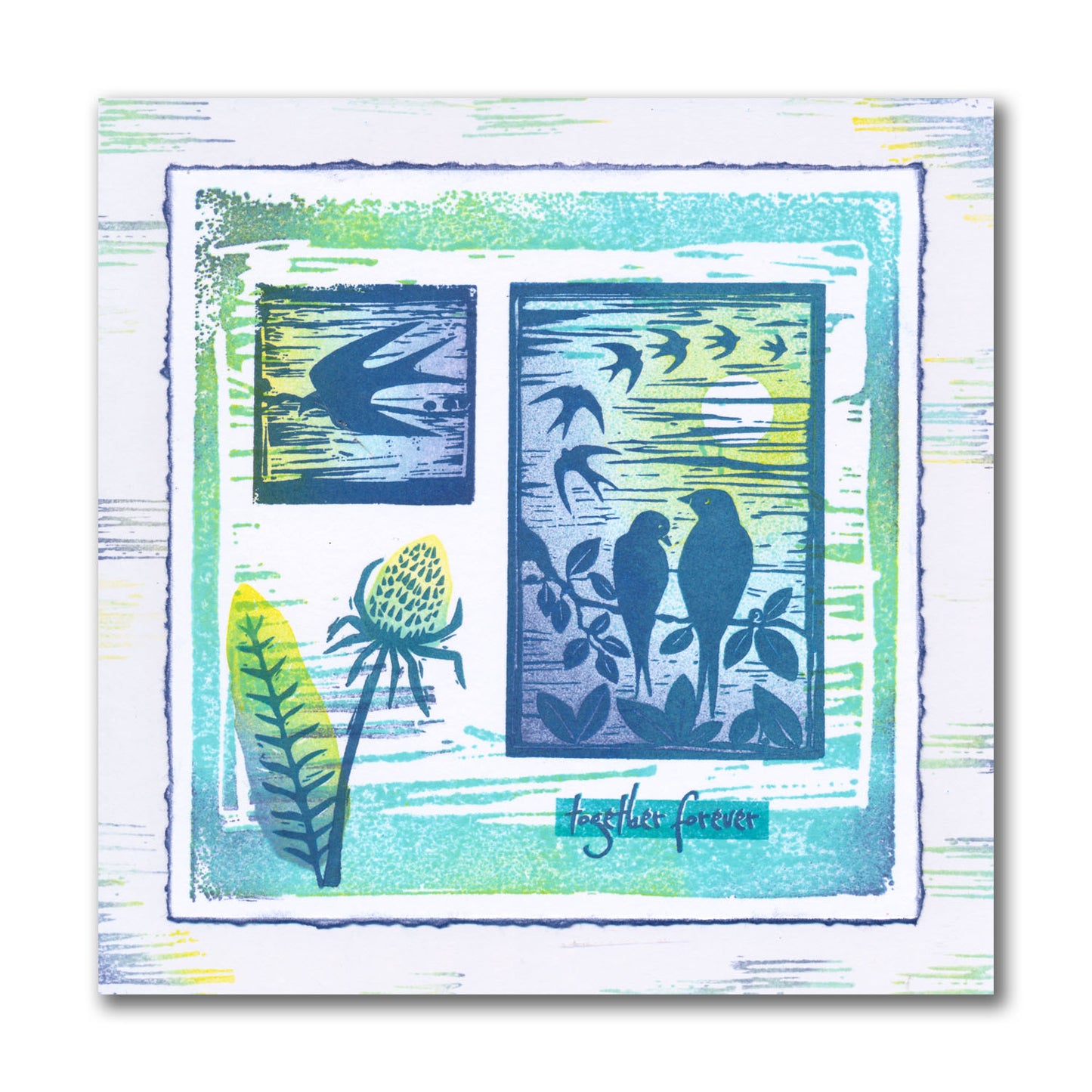Small Linocut - Together Birds - Two Way Overlay A6 Stamp Set