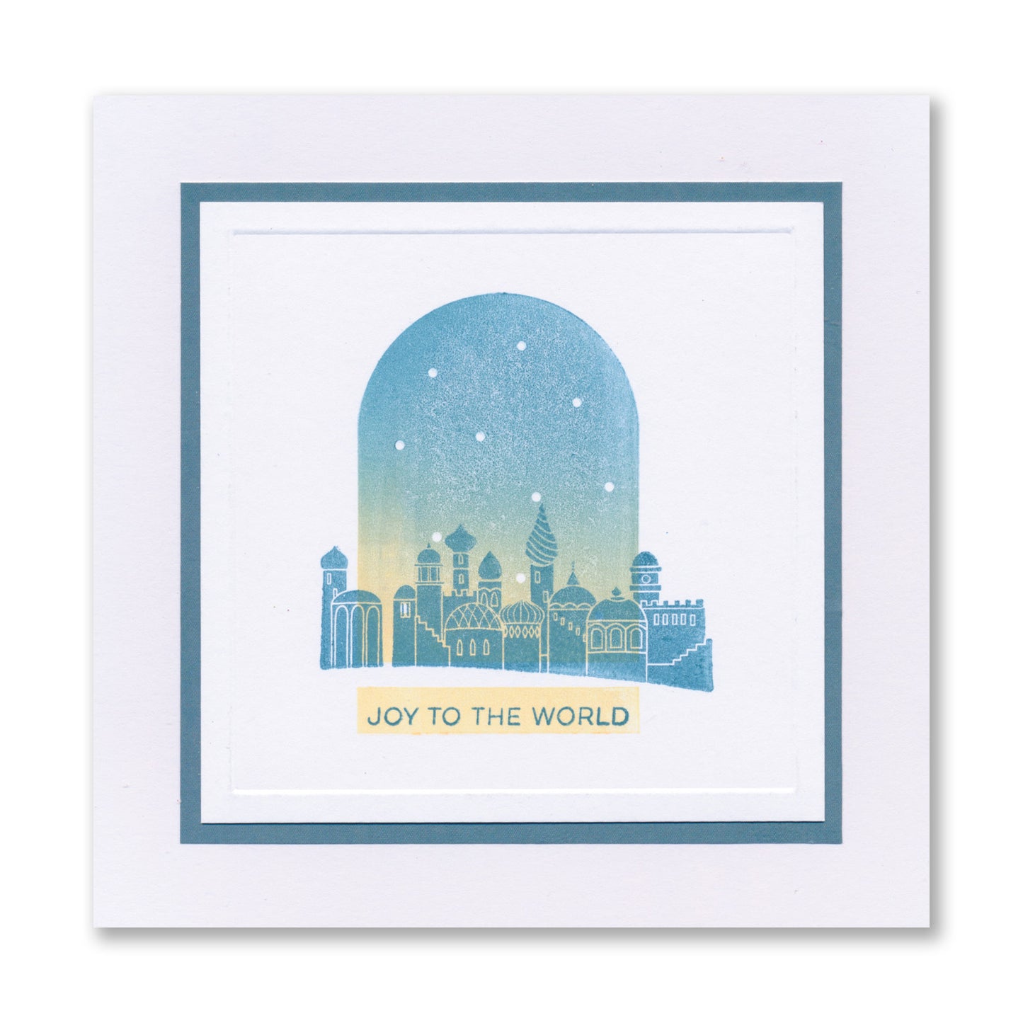 Handmade Christmas card featuring a snowy cityscape inside a bell jar with the "Joy to the World" sentiment created with the Christmas Bell Jar Sentiments A7 Stamp Set with Embedder