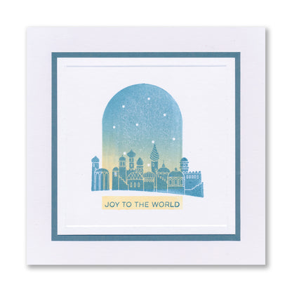Handmade Christmas card featuring a snowy cityscape inside a bell jar with the "Joy to the World" sentiment created with the Christmas Bell Jar Sentiments A7 Stamp Set with Embedder