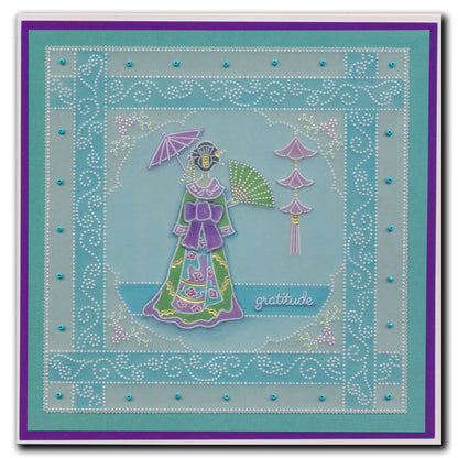 Linda's Dotty Cross-Stitch Oriental Fan Layering Frame A4 Square Groovi Plate