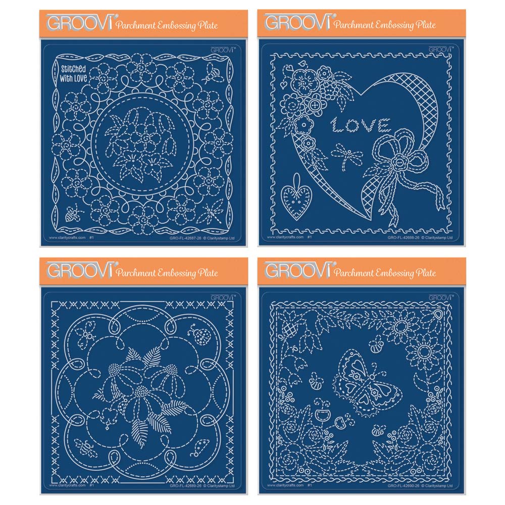 Linda's Floral Applique Midi Groovi Plate Collection featuring Circle, Heart, Scallop Octagon and Square floral appliqué designs