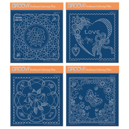 Linda's Floral Applique Midi Groovi Plate Collection featuring Circle, Heart, Scallop Octagon and Square floral appliqué designs