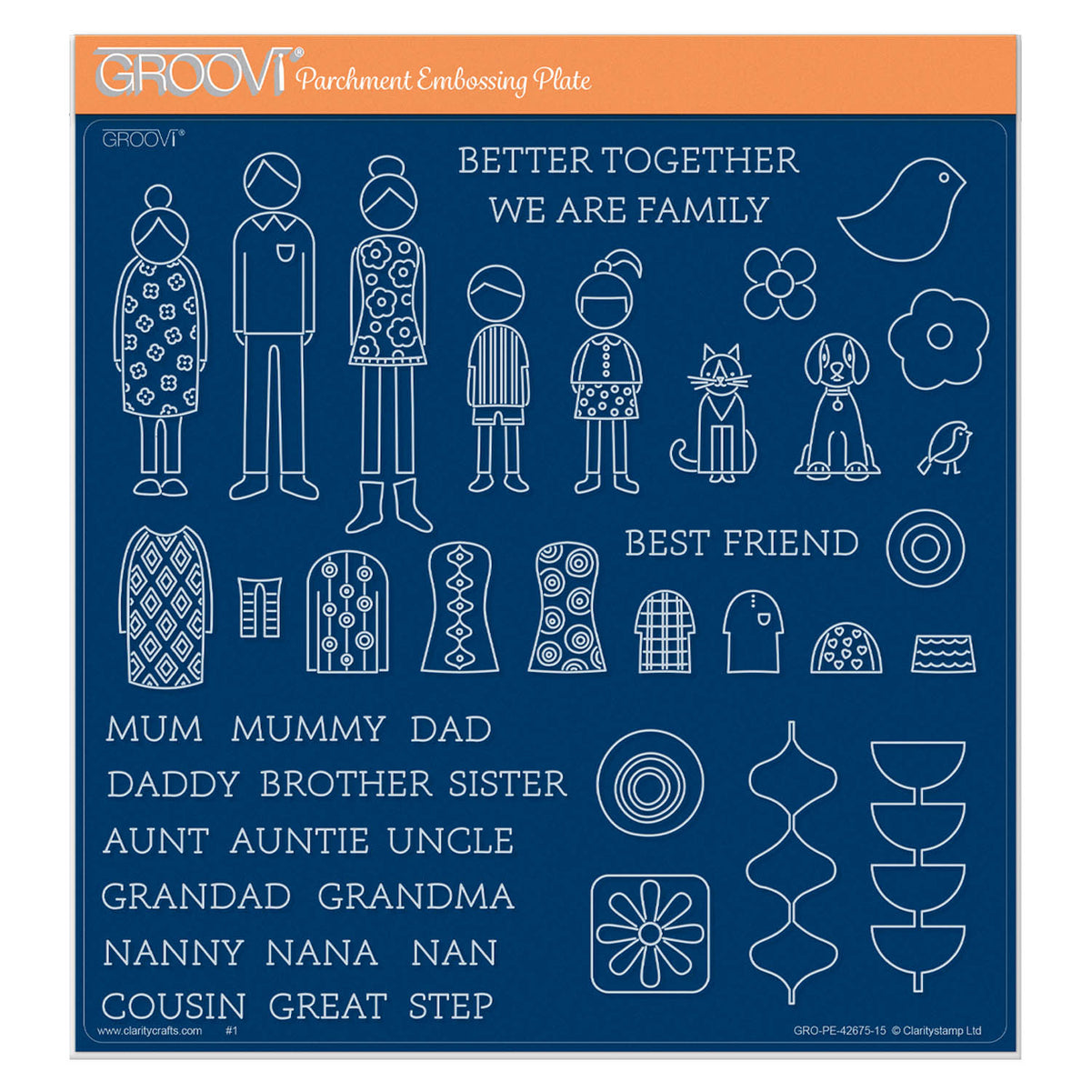 SHAC Retro Family A4 Square Groovi Plate featuring family characters, interchangeable clothing, pets, family words and decorative elements