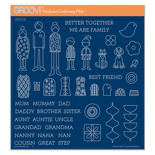 SHAC Retro Family A4 Square Groovi Plate featuring family characters, interchangeable clothing, pets, family words and decorative elements