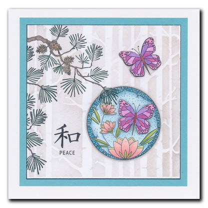 Barbara's SHAC Peace - Japanese 2 Way Overlay Flowers & Butterflies A5 Square Stamp & Mask Set